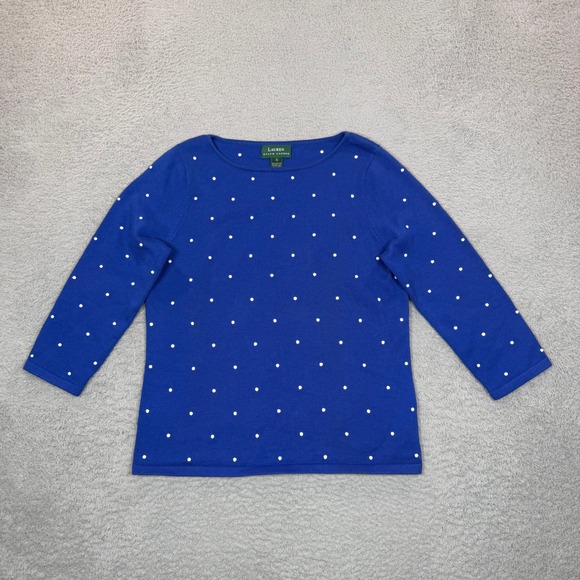 Lauren Ralph Lauren Tops - Lauren Ralph Lauren Blue Polka Dot Boat Neck 3/4 Sleeve Knit Top Small